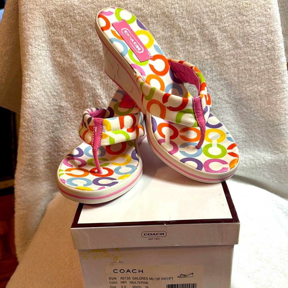 Coach Multicolor Signature 'C' Wedge Thong Sandals with Pink Trim